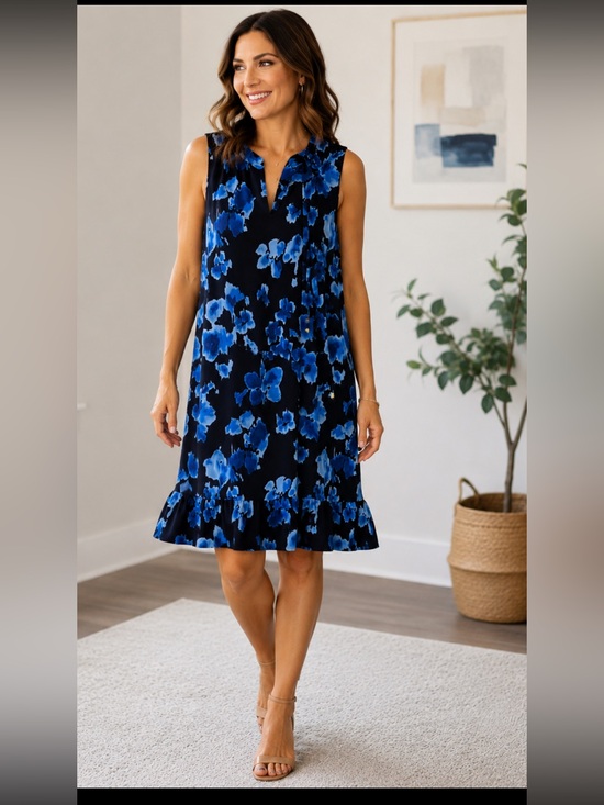 Michael Kors Dresses & Skirts - Michael Kors Blue Floral Sleeveless Shift Dress Ruffle Hem Tie Neck Size M